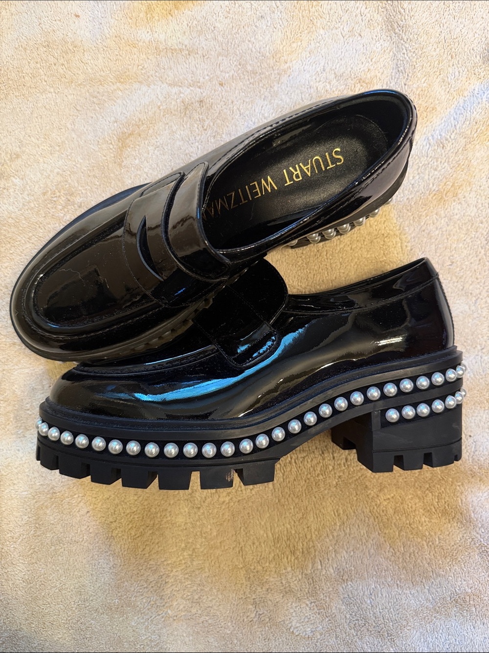 Stuart Weitzman Black Patent Loafers with Pearl-Trim Lug Sole